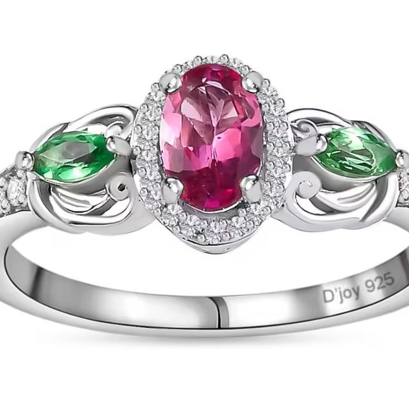 Rubellite, Tsavorite Garnet & White Zircon Ring In Platinum Over Sterling Silver - Picture 1 of 6